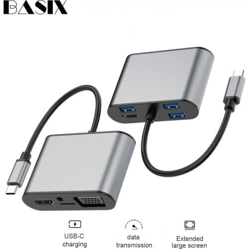 Basix USB C Hub USB-C to HDMI VGA Adapter Thunderbolt 3 Type-C PD TF 3.5MM Reader Slot USB3.0 HUB for MacBookPro Huawei P20 Pro