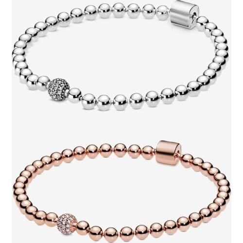 MYBEBOA 925 Sterling silver Rose Golden Beads & Pave Bracelet Chain Bracelet Style White Zircon Open Bangle Women Jewelry
