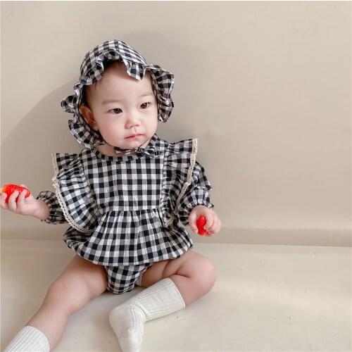 Newborn Baby Girls Romper Dress Lace Girls Clothes Plaid Cotton Baby Jumpsuit With Hat Toddler Clothes Ruffles Princess 0-2Y