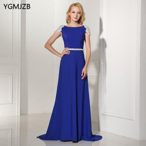 Backless Long Evening Dresses 2018 A Line Scoop Sleeveless Beaded Crystal Luxury Royal Blue Arabic Formal Evening Party Gowns