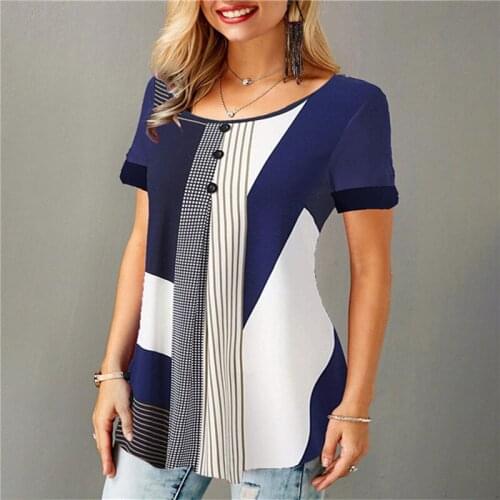 Summer Retro Women T-Shirts Ladies' Loose Fashion Tops Round Neck Short Sleeve Top Tees Female Buttoned Printed T-Shirt