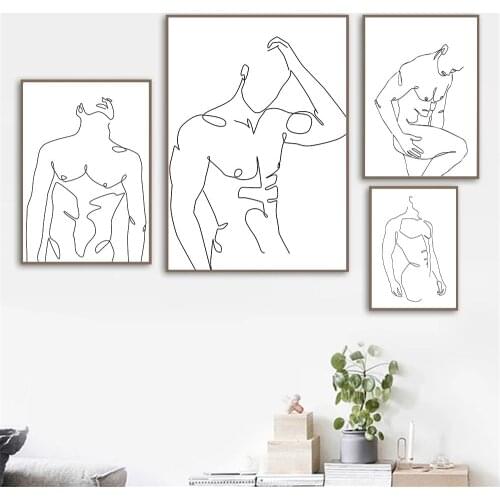 Naked Man Body Line Art Print Nude Male Canvas Painting Abstract Line Drawing Poster Minimalist Wall Art Pictures Bedroom Decor