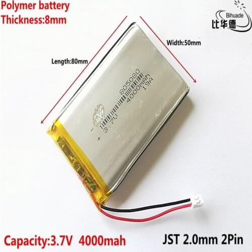 JST 2.0mm 2Pin 3.7V 4000mAh 805080 Lithium Polymer LiPo Rechargeable Battery cells For Power bank
