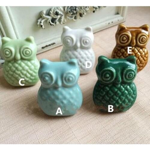 Creative cartoon owl ceramic knobs blue green white coffee porcelain kitchen cabinet dresser door handles knobs vintage bronze