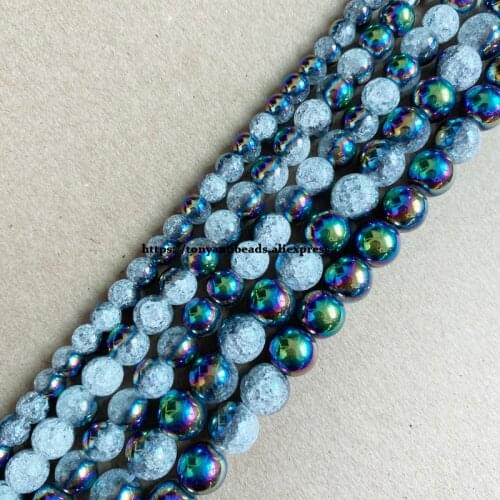 Natural Stone Half Rainbow Plated Snow Cracked Crystal Round Loose Beads 15" 6 8 10 MM Pick Size For Jewelry Making DIY