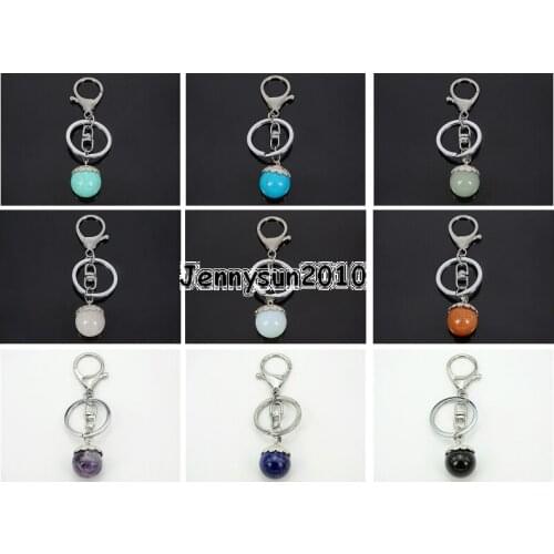 Natural Gems Stone Flower Round Ball Charm Beads Silver Plated Key Ring Healing Jewelry Design 5Pcs/Pack
