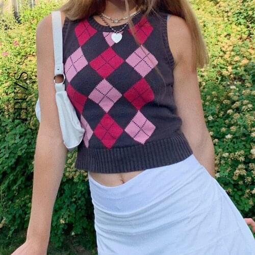 Fall 2020 knitted tank top women vintage argyle sweater vest women knit vest top cropped sweater vests plaid korean vest