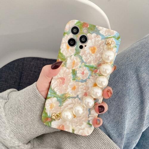 Oil Painting Flower Daisy Wristband Chain Phone Case for iPhone 12 Pro Max 7 8 Plus XR XSMax Silicone Cover for iPhone 11 Fundas
