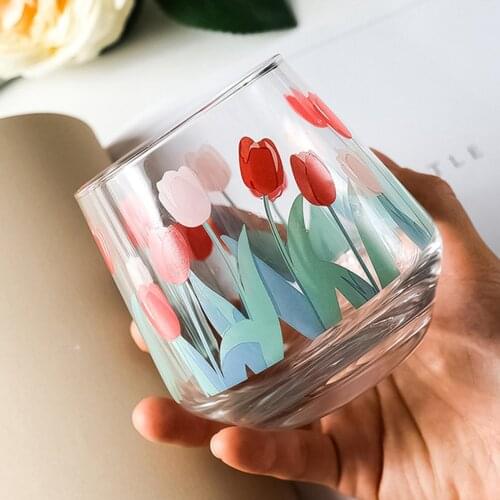 Vintage Tulip Flower Print Transparent Beer Whisky Milk Glass Cup Home Restaurant Mug Cups