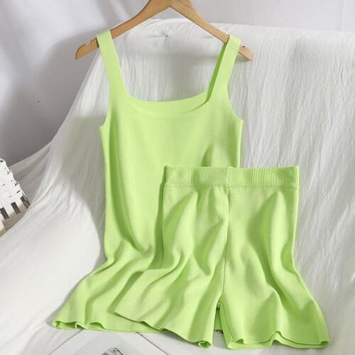Sweater Vest Women Knitted Candy Color Tops Two Piece Set Summer Sleeveless Casual Sweater Women knitwear Shorts Loungewear Set
