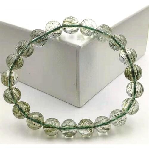 Top Quality Natural Green Rutilated Tourmilated Quartz Bracelet 9.5mm Clear Round Beads For Women Men Fashion Jewelry AAAAA