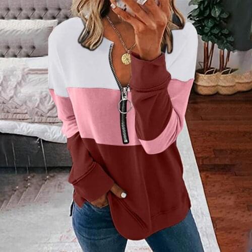 Womens Casual V-neck Long Sleeve Tee Shirt Female Zipper Patchwork Colorblock T Shirt Streetwear Base Soft Vintage Top #t3g