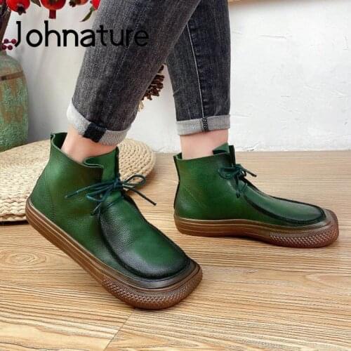 Johnature Ankle Women Boots Genuine Leather Lace-Up Shoes 2021 New Autumn Winter Flat With Concise Leisure Handmade Ladies Boots