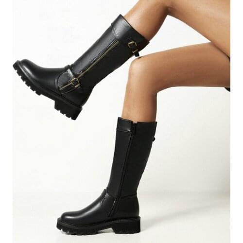 Black Brown Autumn Winter Womens Boots Fashion Zipper Knee High Boots Platform Shoes Woman Round Toe Low Heel Westren Boots