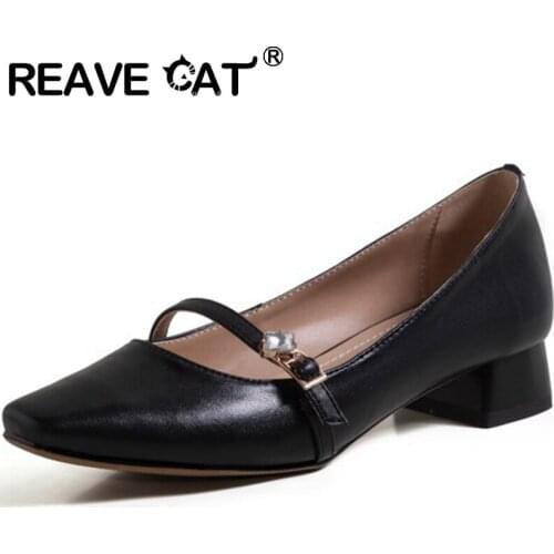 REAVE CAT New 2021 Women Flat Shoes Square Toe Genuine Leather Buckle Elegent Crystal Bling Stylish Classic Big Size 43 A3629