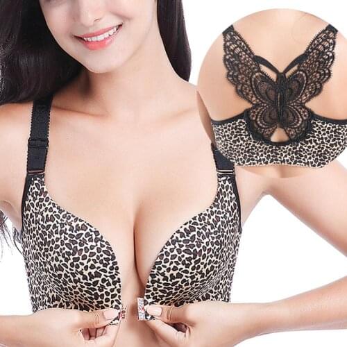 Women Sexy Leopard Push Up Back Butterfly Front Closure Bra Brassiere Underwear