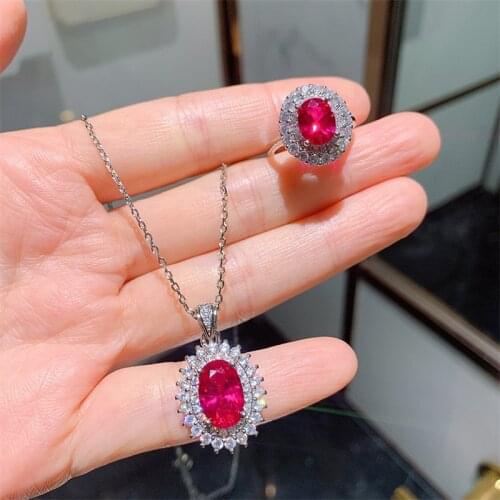 QTT S925 Sterling Silver Jewelry Sets Temperament Chain Necklace Ring Red Cubic Zirconia Bridal Wedding Accessories Sets 2021