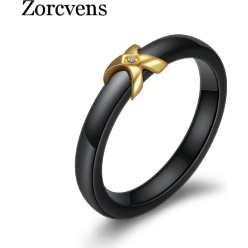 ZORCVENS Gold Color X Women Ring CZ Stone White Ceramic Wedding Rings Bands Fashion Jewelry