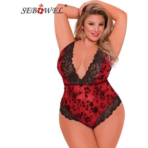 SEBOWEL Black Floral Lace Plus Size Bodysuit Sexy Women See Through Lace Jumpsuit 2019 Bodysuits Lace Rompers macacao feminino