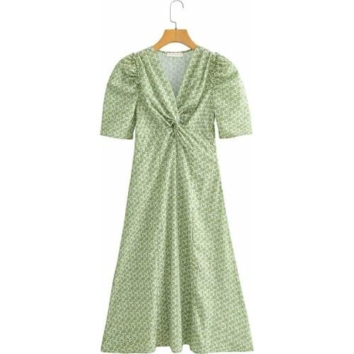 New Women Vintage Floral Printed Dress V-Neck Short Puff Sleeves Side Zip Casual Midi Boho Dresses Woman Robe