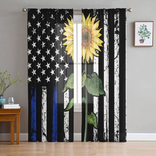 American Flag Sunflower Retro Sheer Curtains for Living Room Bedroom Kitchen Tulle for Windows Voile Drapes Home Decoration