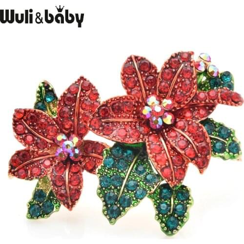 Wuli&baby Red Rhinestone Flower Brooches Women Alloy Beautiful Flower Brooch Pins New Year Gifts