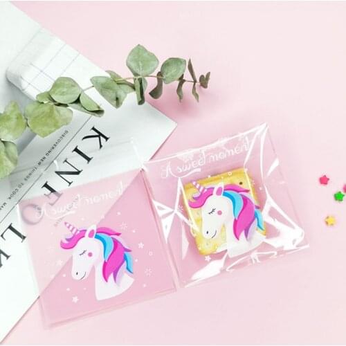 50pcs/lot Pink Frosted Elegant Rainbow Unicorn Cellophane Self Stick Cookies Plastic Bag Baptism Sugar Packaging Homemade Bag