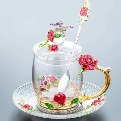Elegant red and blue rose enamel cup flower tea cup heat-resistant glass office coffee cup juice kung fu tea cup 2019 new