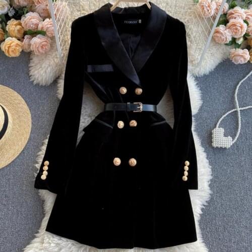 Elegant Black Velvet Jacke A-Line Dress Stitching Collar Blazer Winter Women Double Breasted Dress