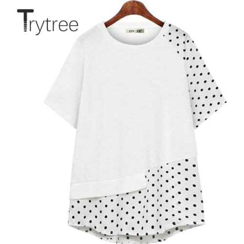 Trytree 2020 Summer Women Casual T-shirt O-neck Patchwork Dot Loose Irregular Temperament Fashion Office Lady T-shirt Top