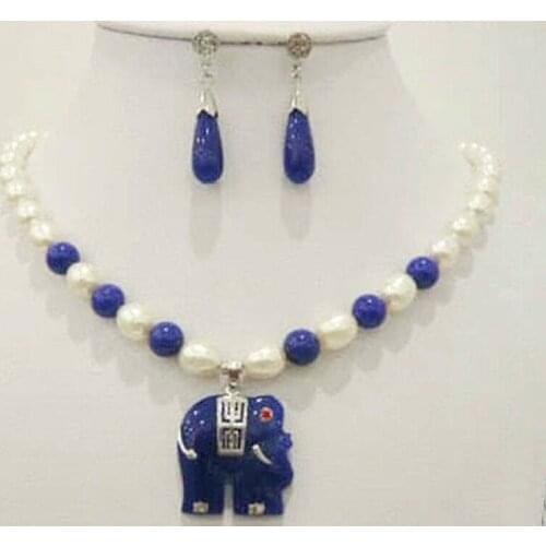 Hot Sale White Rice Pearl & Blue Jade Elephant Pendant Necklace Earrings Set