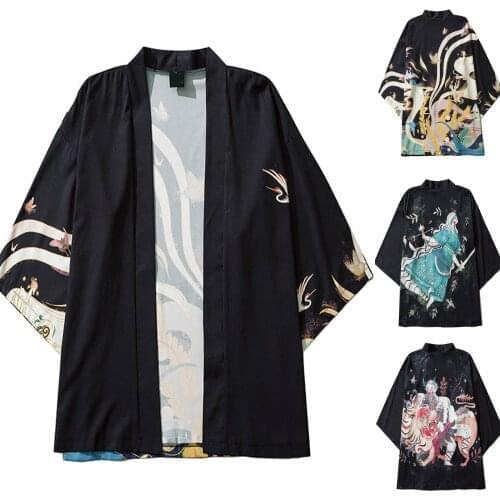 Fashion Anime Kimono Men Casual Shirts Ethnic Loose Open Front 3/4 Sleeve Japanese Style Print Cover Up Cardigan Anime Kimono