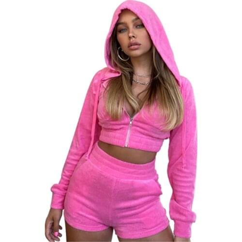 Fashion 2 Piece Set Tracksuit Streetwear Women Sexy Long Sleeve Zipper Slim Hooded Sweatshirt Coat+Skinny Shorts Casual Outfits