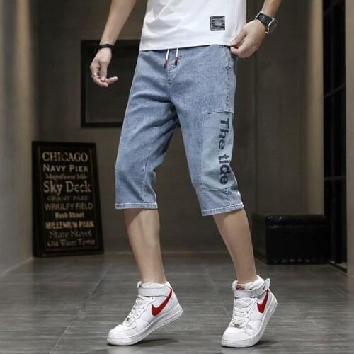 Hip Hop Mens Jeans Korean Fashion Men Clothing Cropped Jeans Casual Streetwear Spliced Jeans Men Elastic Waist Men Trousers