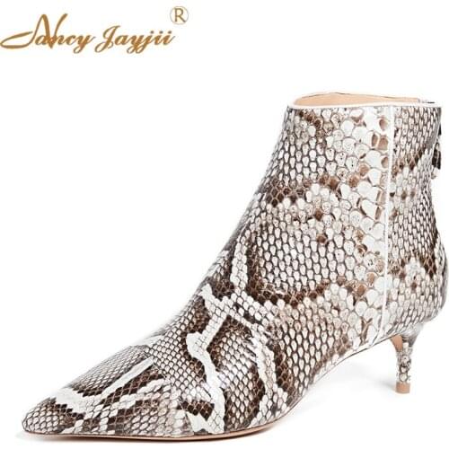 Snake Print Boots Kitten Heeled Low Heel Big Size 12 Bota Womens Shoes Ladies Pointed Toe Back Zipper Fashion Dress Party Spring