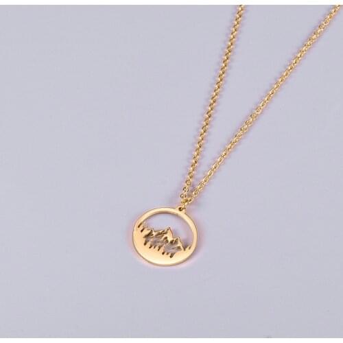 Stainless Steel Necklace Gold Mountain Hill Pendant Round Snow Mountain Charm Chain Mountain Forest Winter sweater necklace Gift