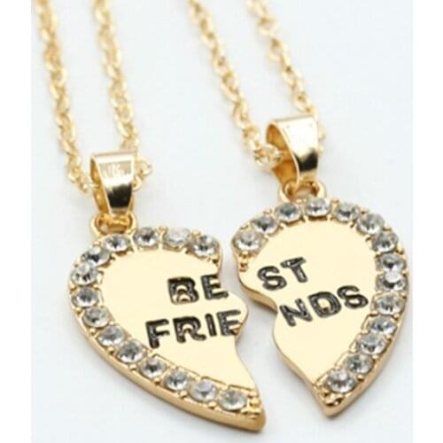 RONGQING 1Pair Best Friends English Letter Necklaces Crystal Stitching Heart Pendants for Women Gifts Jewelry