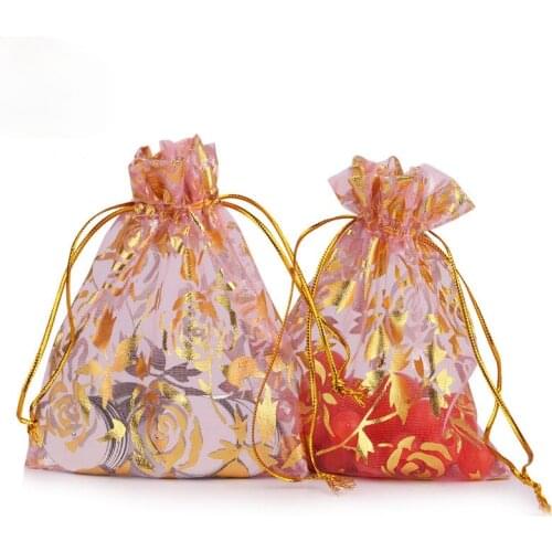 Pink/Red 10Pcs/Lot Organza Jewelry Wedding Gift Pouch Rose Draw String Candy Birthday Party New Year Holiday Gift Bag
