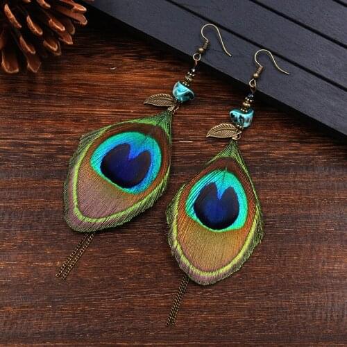 Peacock Feather Ear Drop Female Temperament Bohemian Style Vintage Stones Chain Tassels Decorative 14*4.5CM Ear Accessories