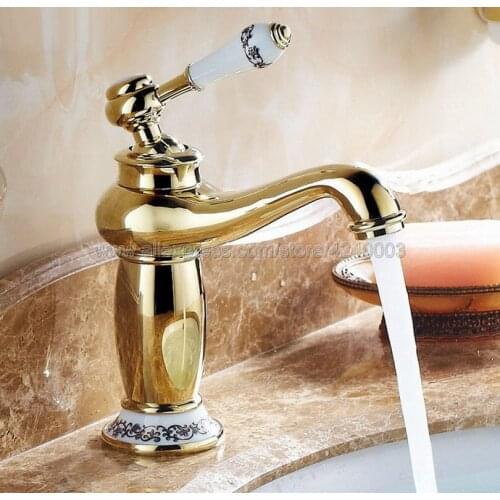 Basin Faucets Gold finish Bathroom Faucet Ceramic Single handle Basin Mixer Tap Bath Brass Sink Water Tap Knf501
