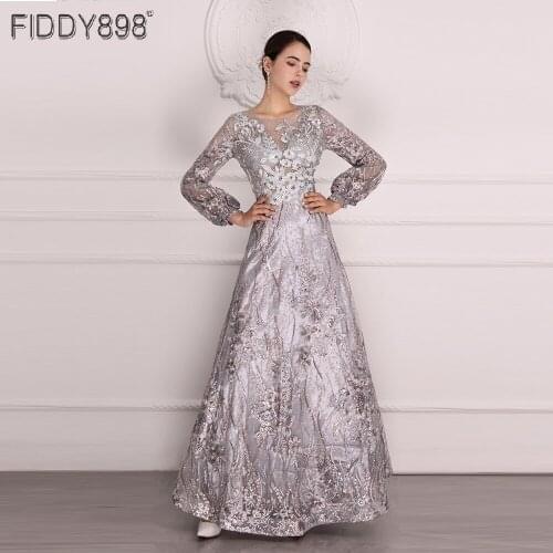 Light Grey Long Sleeves Formal Evening Dresses 2020 Winter Lace Party Gown With Crystals Sexy Illusion Female Vestidos ASA-0154