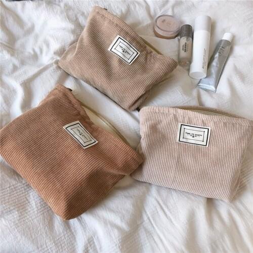 Yeqofcd Womens Corduroy Makeup Bag Large Cosmetic Pouch Solid Color Zipper Clutch Bags Girl Beauty Case