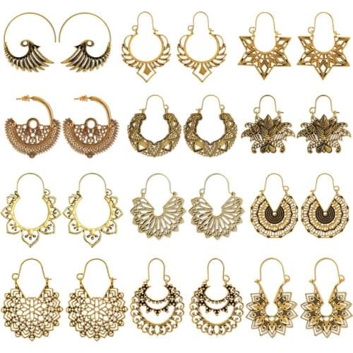 HuaTang Vintage Gold Silver Color Drop Earrings for Women Boho Geometric Carved Earrings Female Indian Ethnic Jewelry brincos