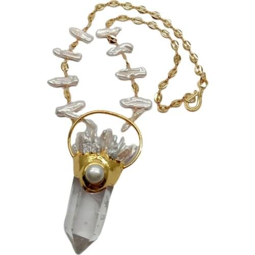 YYGEM Natural White Crystal Point White Biwa Pearl Pendant necklace gold color Chain Necklace 21"