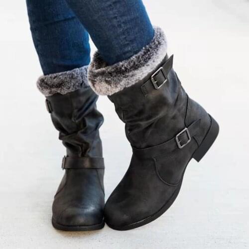 Female Shoes 2021 Autumn Winter Mid Calf Retro Pu Leather Fashion Ladies Martin Boots Plus Velvet Warm Buckle Strap Women Boots