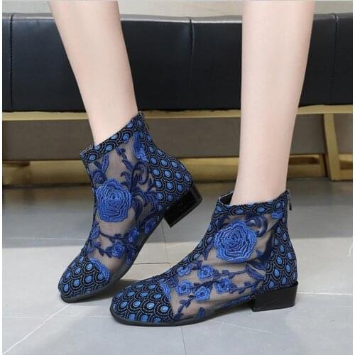 Women summer boots fashion embroidery lace flat shoes Naked boots 2020 mesh Hollow out breathable ladies sandals boots