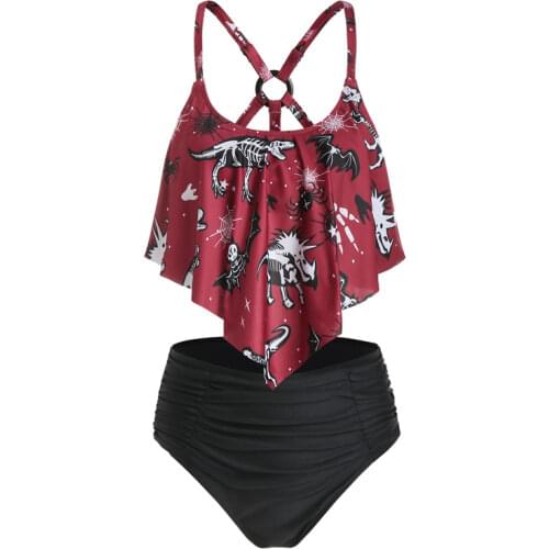 Wipalo Spaghetti Straps Women Bikini Dinosaur Skeleton Print Ruched Padded Tankini Set Female Swimsuit Biquini Beach Wear 3XL