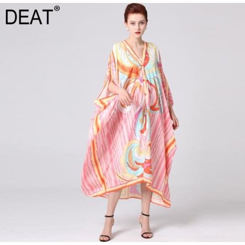 DEAT Robe Femme Hit Color Print Dress Woman Over Sized Batwing Sleeve Thin V Collar Bohemian Style Desses 2021 New Summer AW961