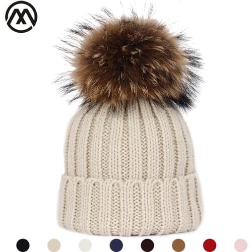 Winter new childrens knitted cotton hats warm and comfortable girl real raccoon fur pompom Skullies boy ski caps Beanies thick