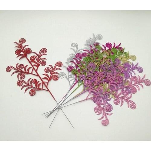 20pcs 39cm 5 head Artificial Glitter Phoenix Leaf Branch For Flower Arrangement Wedding Christmas Party Home Garden Decoration